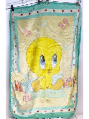 Y2K Tweety Plush Baby Blanket Looney Tunes Bird Crib Picnic Butterfly Boy Girl